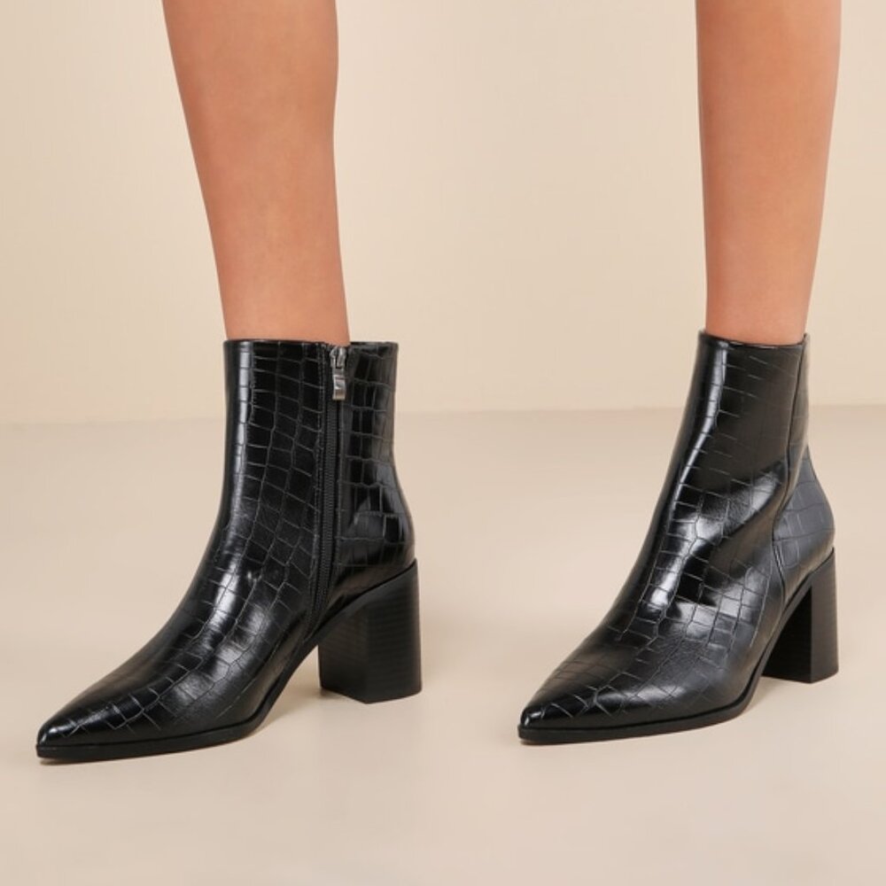 Lulus Lindan Black Croc-embossed Pointed-toe Low Heel Ankle Booties - Size 10